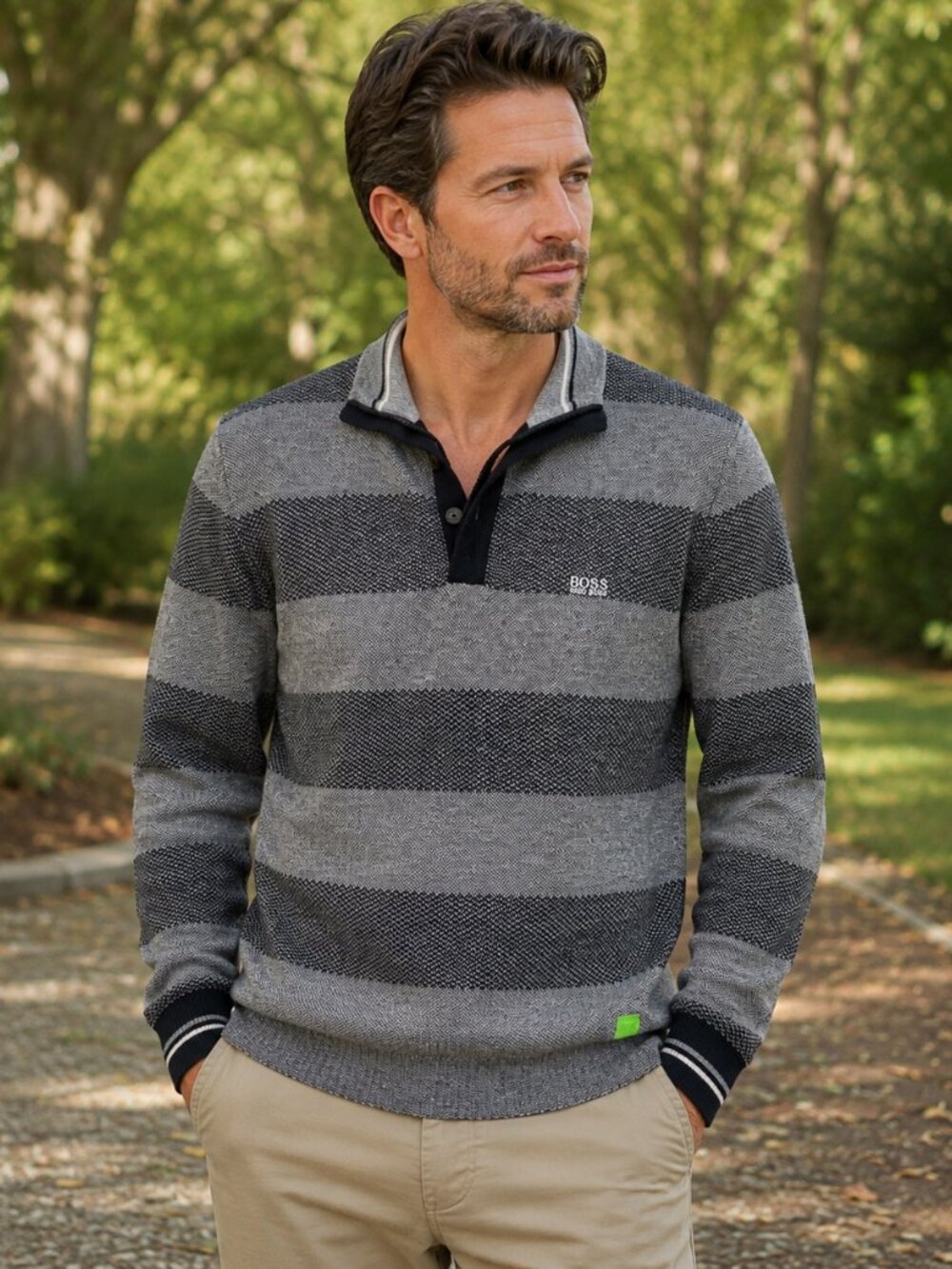 Hugo Boss Green Label Gray Black Striped Half Zip Sweater Men’s